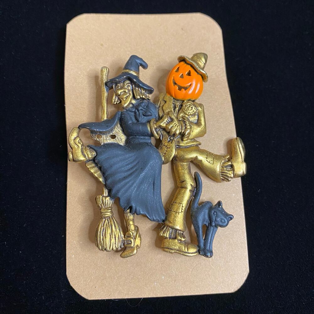 Vintage Danecraft Halloween Witch Scarecrow Pumpkin Black Cat Brooch Pin 2.5"